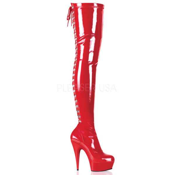 Delight-3063 High Heel Overknee Plateau Lackstiefel rot, Stretchlack, Schnürung hinten und Reißverschluss